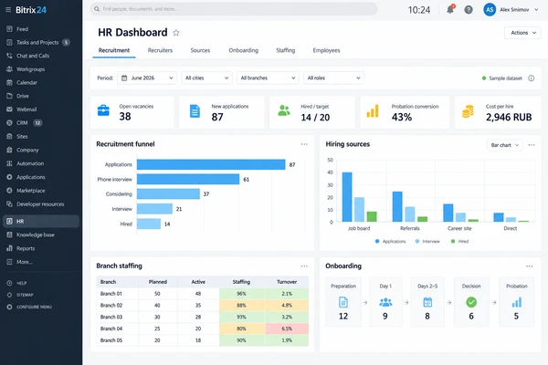 Generated HR Dashboard interface preview based on project requirements; illustrative sample data