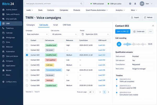 Generated TWIN + Bitrix24 interface preview based on project requirements; illustrative sample data